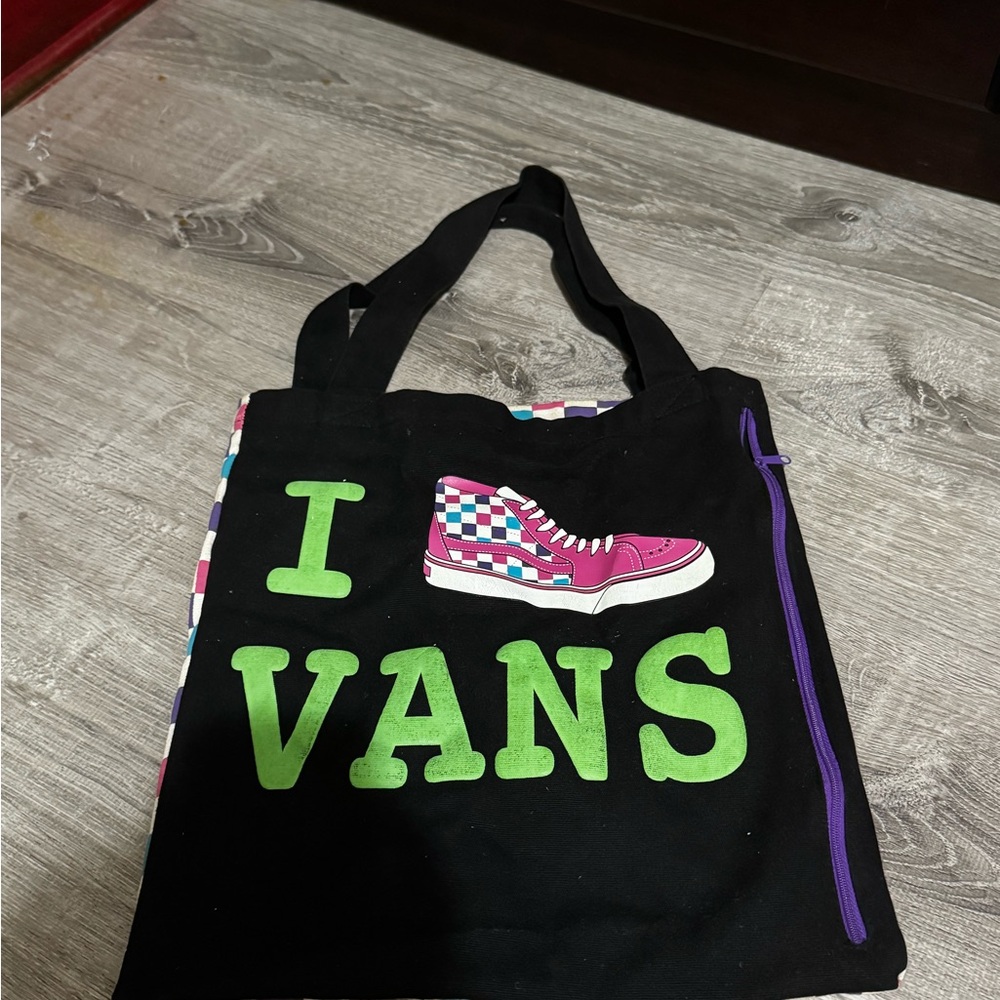 Vans Kids Black Tote with Neon Green Logo and Pink Checker Sneaker